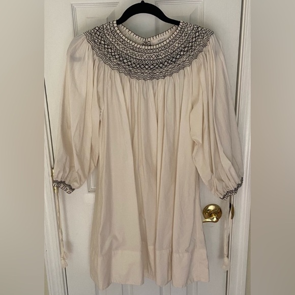 Doen Dress Womens Small White Black Smocked Organic Cotton Boho Long Sleeve - Picture 2 of 14